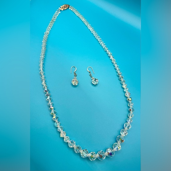 Vintage 1950s Aurora Borealis Faceted Bead Necklace Pierced Earring Set - Picture 9 of 12